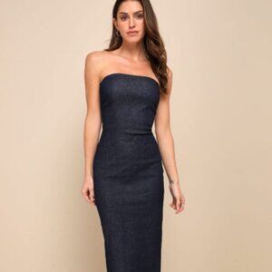 Lulus Dark Wash Denim Strapless Midi Dress - X-Small